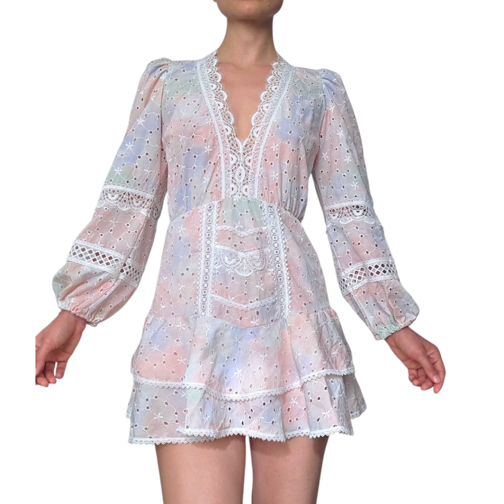 Pastel Tie Dye Ruffled Layered Tiered Lace Puffed long sleeved Eyelet Dress XS